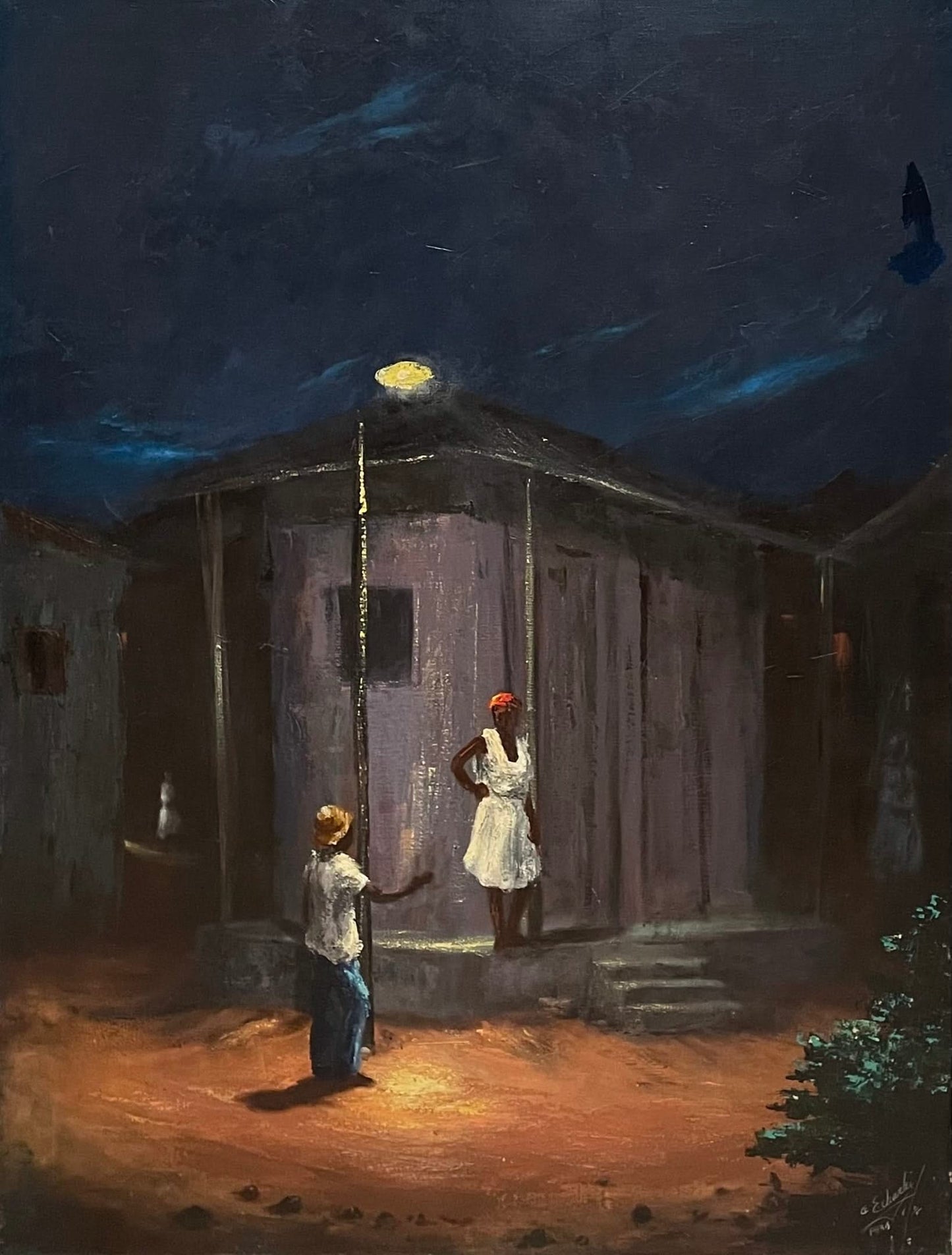 Etzer Charles Romantic Night 1976 Haitian oil on canvas painting with night sky, lamplight, two figures outside a house, from Georges S. Nader private collection New York