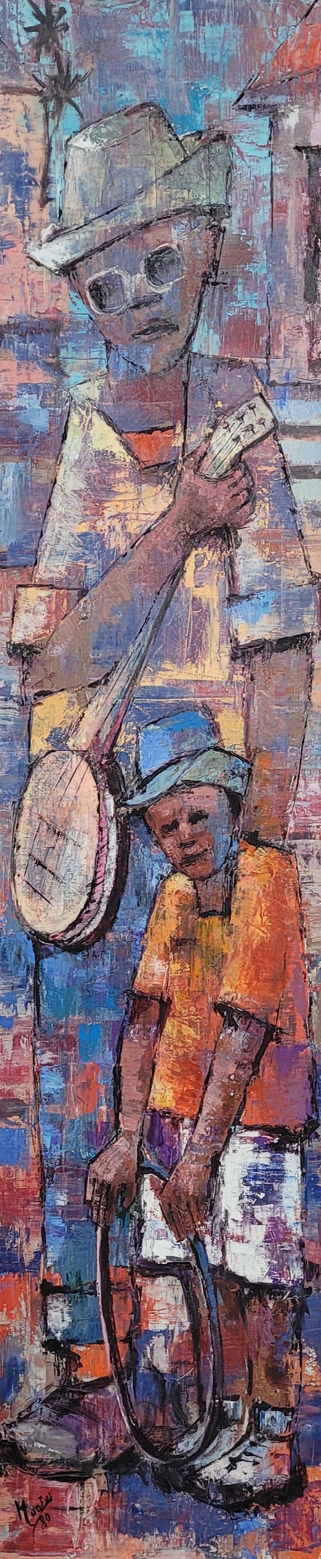 Artistic depiction of two children playing musical instruments with a colorful, abstract background.