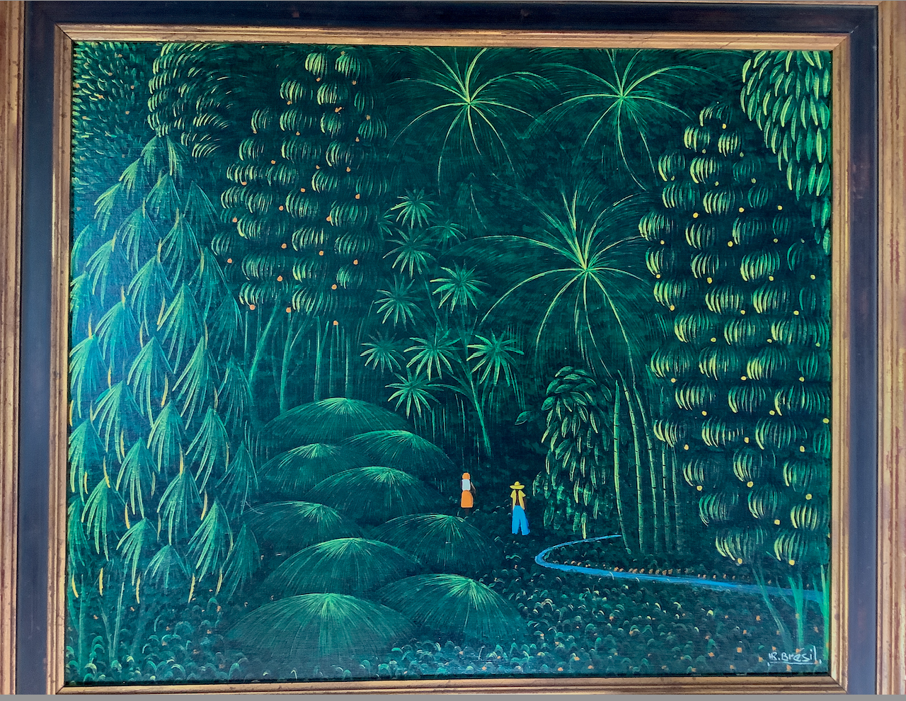 Henri-Robert Bresil (Haitian, 1952-1999) 20"x24" Green forest With people & River 1981 Oil on Canvas Painting Framed #1AM