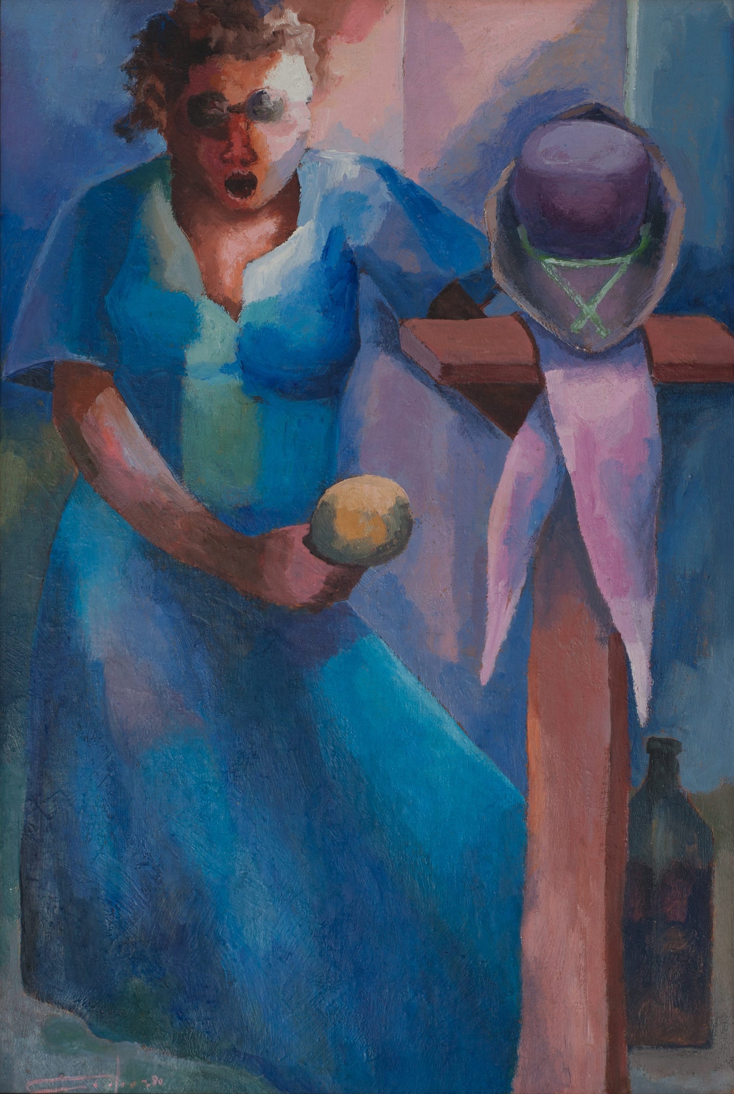 Dieudonne Cedor (Haitian,1925-2010) 35.50"x 24" Mambo In Blue 1980 Unframed Oil on Canvas Painting #222-3-96GSN-Foundation Marie & Georges S. Nader