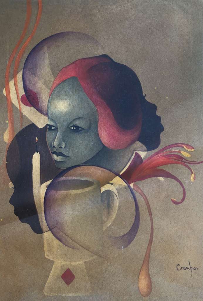 Croshen (Henrique Crossley) painting of an abstract female portrait in surreal style, oil on canvas, 30x24 inches, unframed.