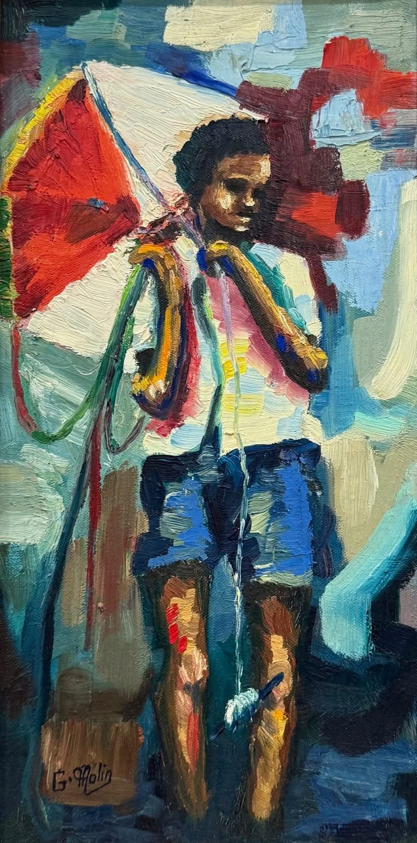 G. Molin 16"x8" Young Man With Kite 1985 Oil on Canvas Painting #1PMC-NY