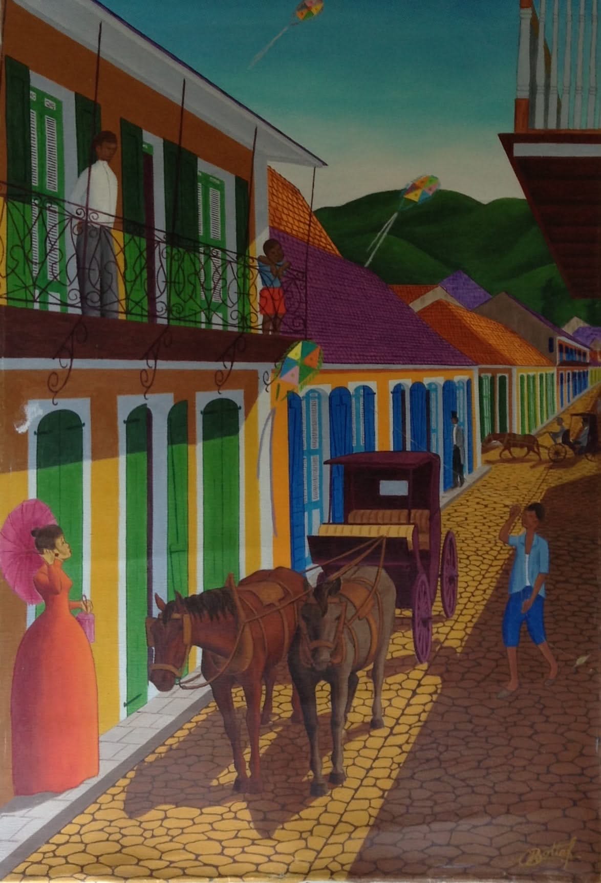 Jean-Baptiste Bottex Haitian street scene painting with horse-drawn carriage, colorful houses, figures on balconies, from Myriam Nader private New York collection