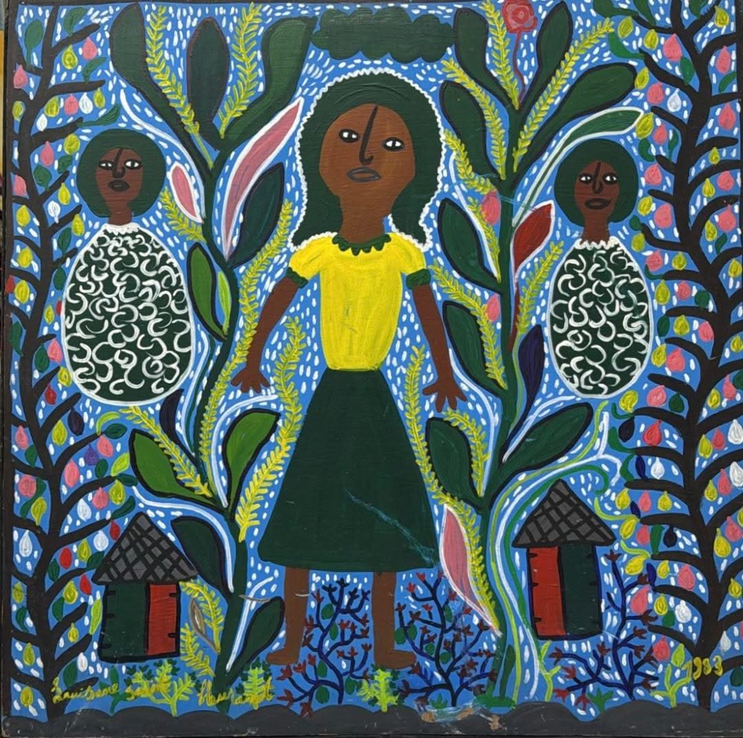 Louisane Saint Fleurant (Haitian, 1924-2005) 24"x24" Girl in Yellow 1983 Acrylic on Board Unframed Painting #4GN-HA