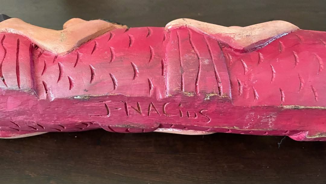 Nacius Joseph 43"L x 2"W x 5"H Rowing in a Big Fish c1990 Hand-Carved Colored Mahogany Wood Sculpture #4MFN