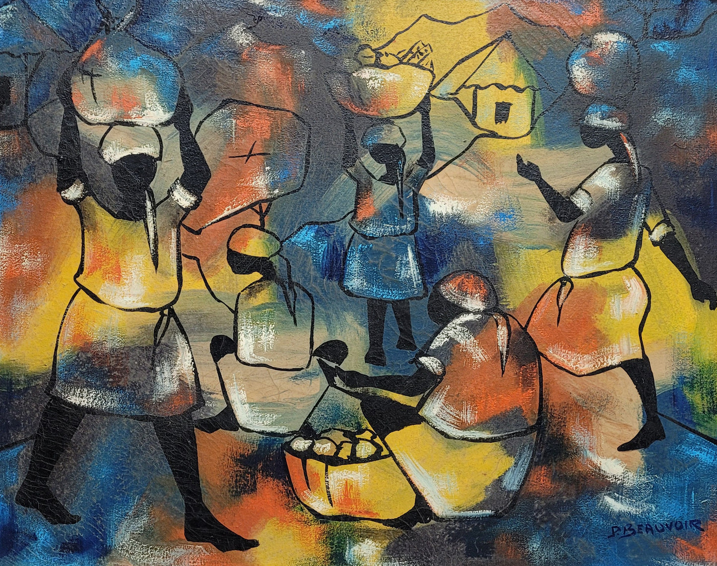 Paul Beauvoir (1932-1972) 16"x20" Market Scene c1960's Oil on Canvas Painting #1WF