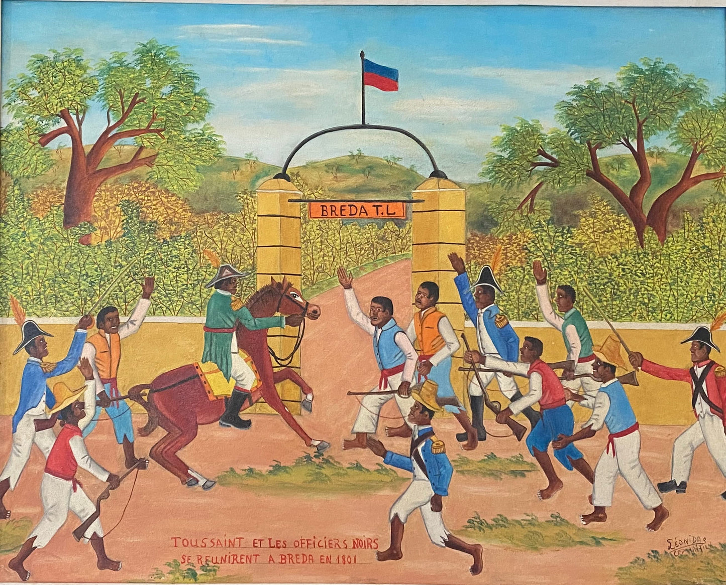 Rony Leonidas (1946-2012) 24"x30" Toussaint & Les Soldats Noirs Se Réunirent A Breda en 1804 Oil on Board Painting #30-SM