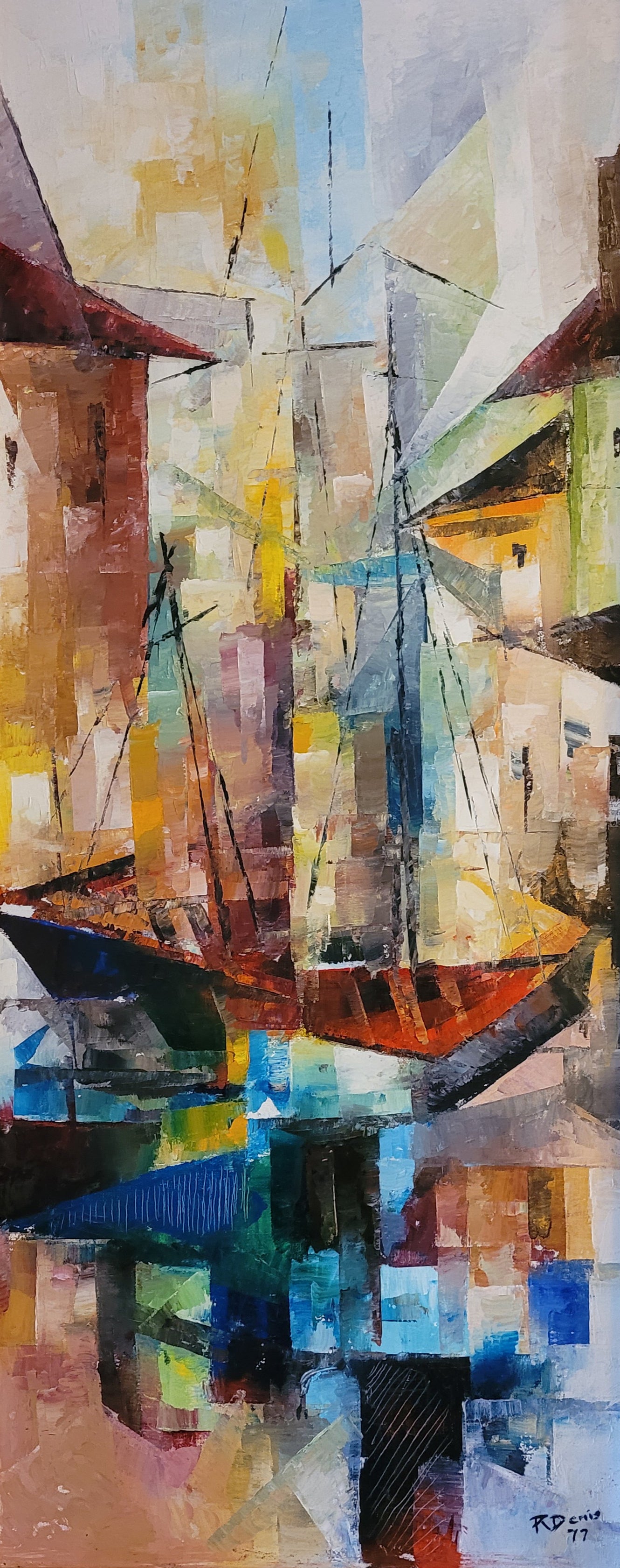 Raphael Denis (1934-2012) 36"x15" Abstract Marina 1971 Acrylic on Canvas Painting#2WF