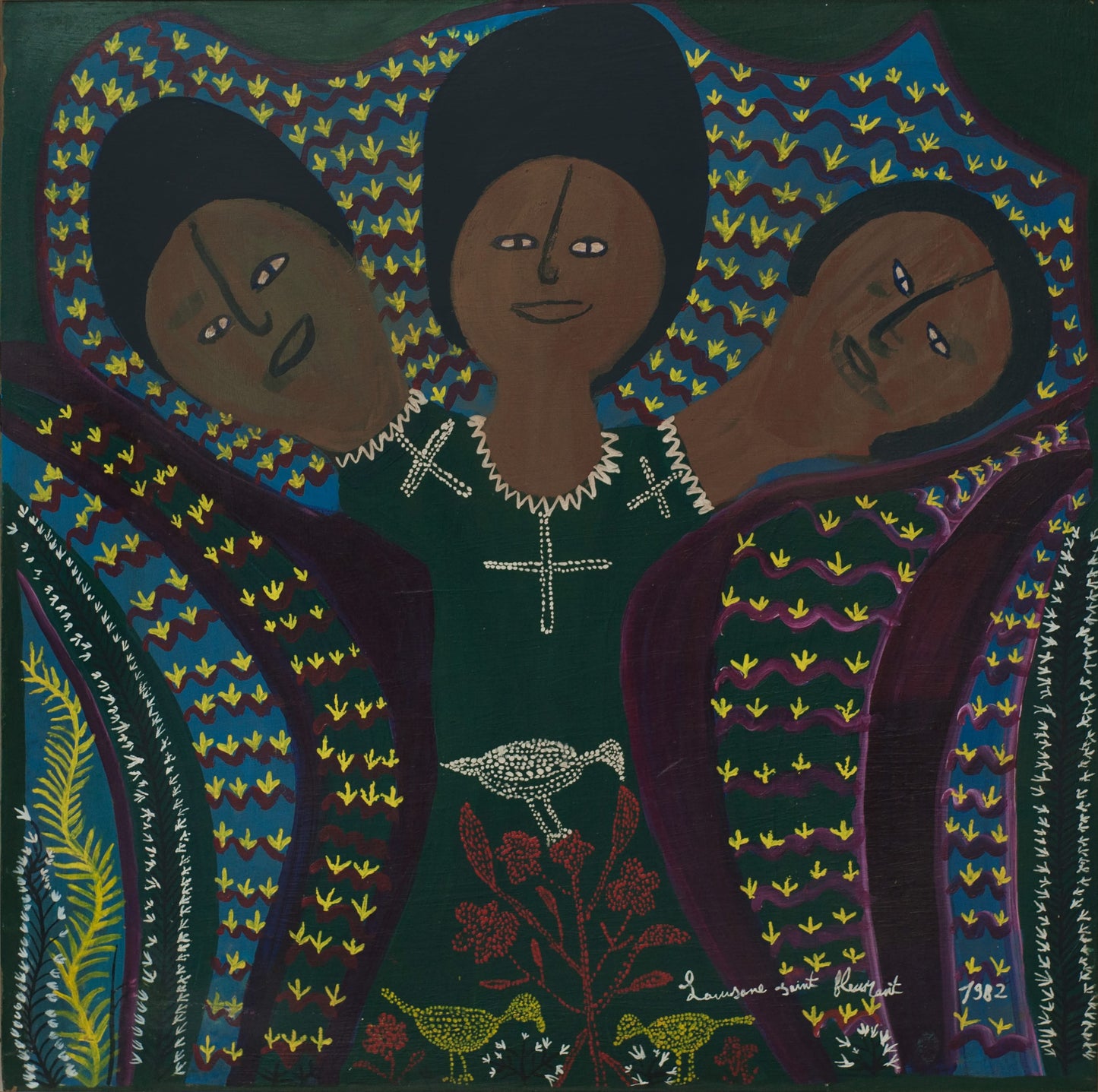 Louisane Saint Fleurant (Haitian, 1924-2005) Three Heads 24"x24" Acrylic on Board 1982 Unframed Painting#14-3-96GSN-HA-Fondation Marie & Georges S. Nader
