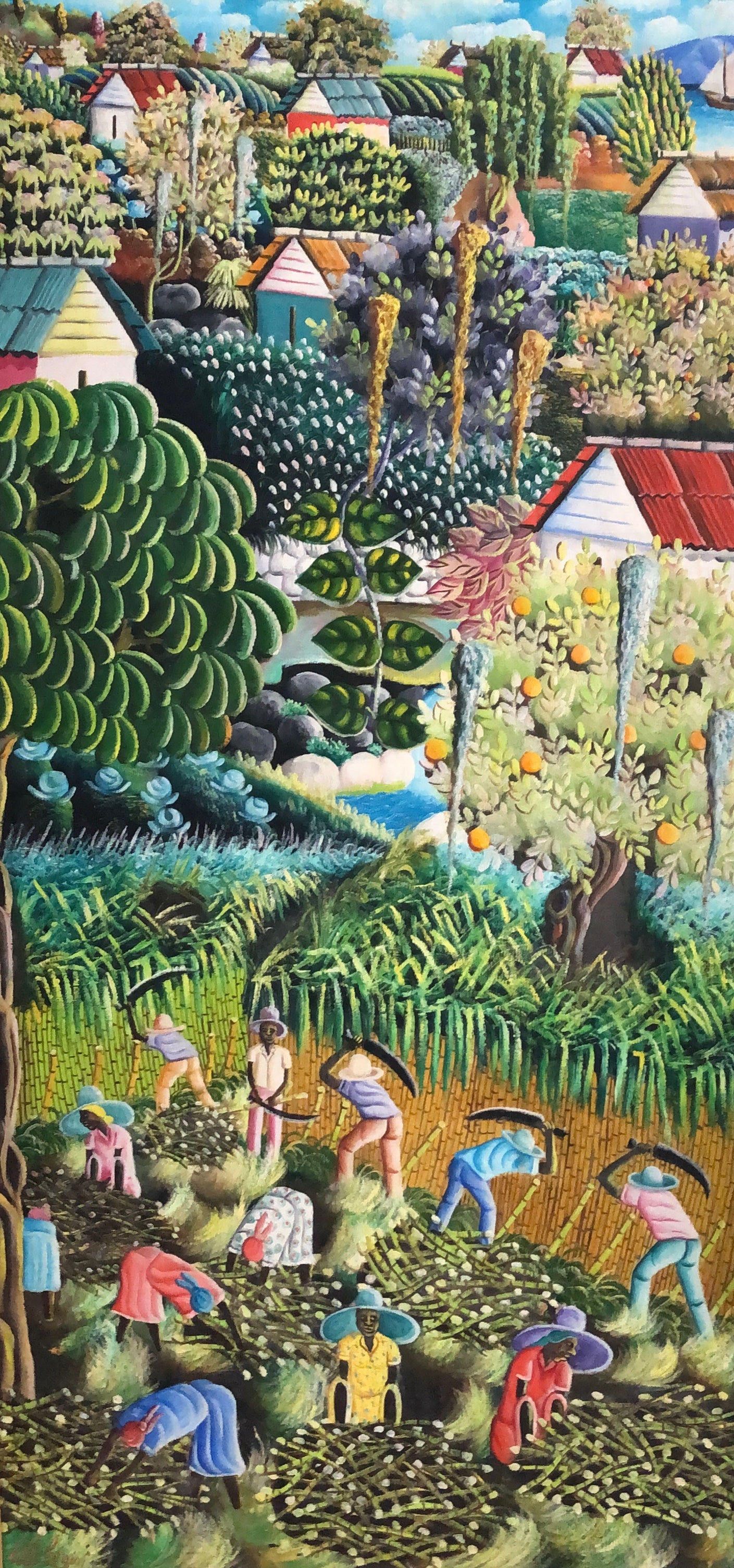 Bien-Aime Sylvain 45"x22" Harvest Scene 1980 Oil on Board Unframed Painting #1YN