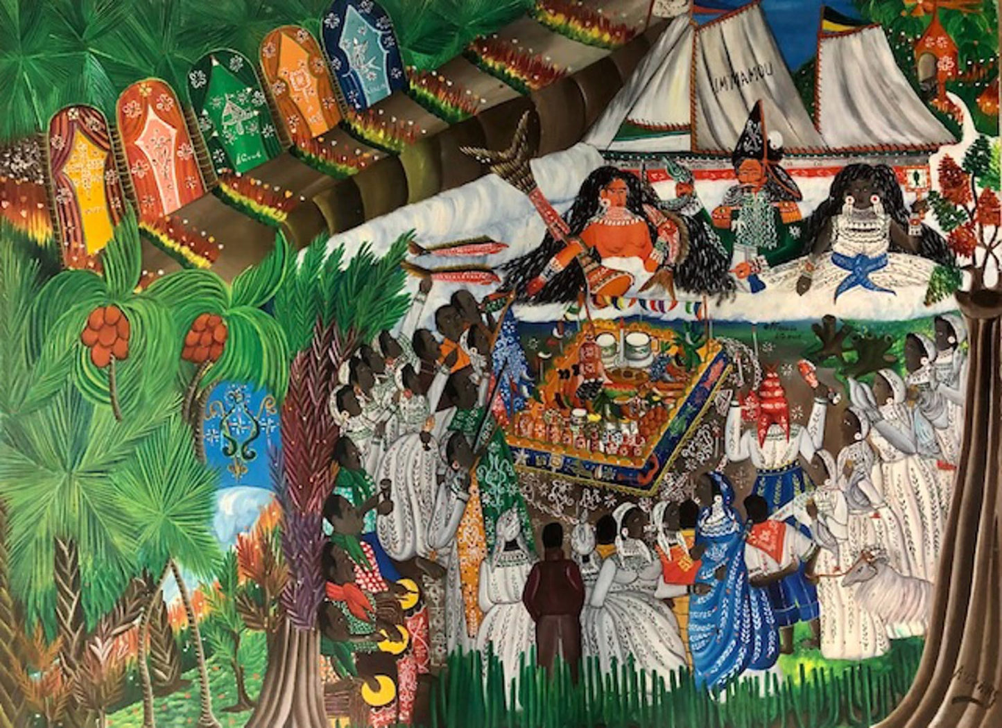André Pierre (Haïtien, 1914-2005) « Immanou » Peinture à l'huile sur carton non encadrée 30"hx 40"l #4-2-95GSN-NY