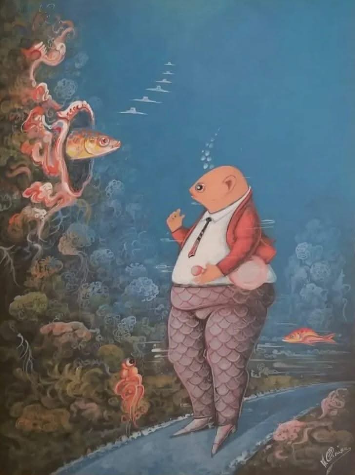 Andre Blaise 16"x12" Conversation Undersea c2017 Acrylic on Board painting #4JN-HA