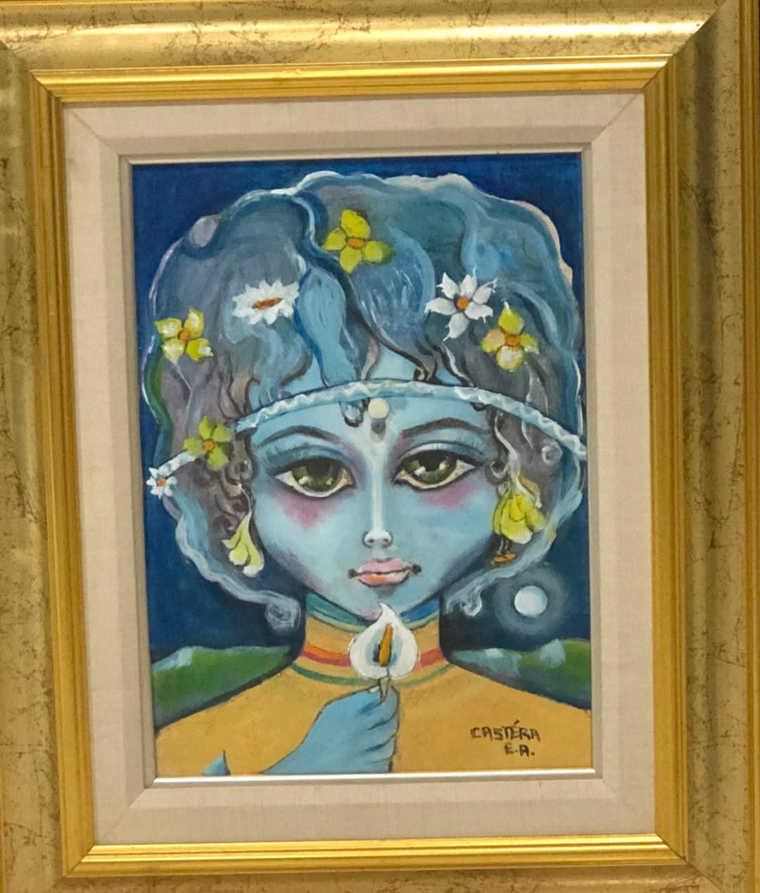 Jean-Claude Castera 15"x10” Girl with Flower Acrylic on Masonite Framed #3FC