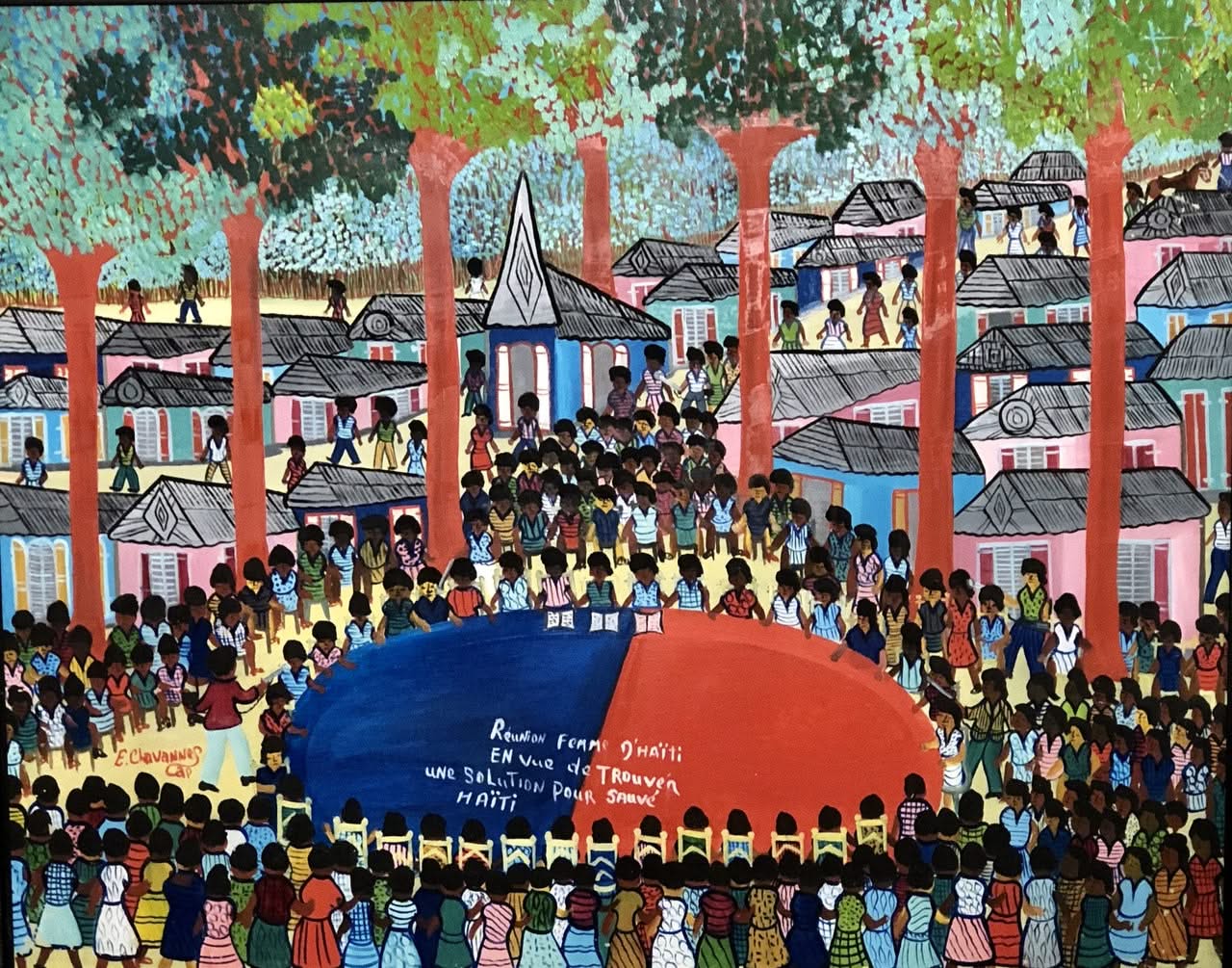 Etienne Chavannes (1939-2018) 24"x30" 1990 "Reunion Femme d"Haiti En Vue De Trouver Une Solution Pour Haiti" Oil on Board #1MFN