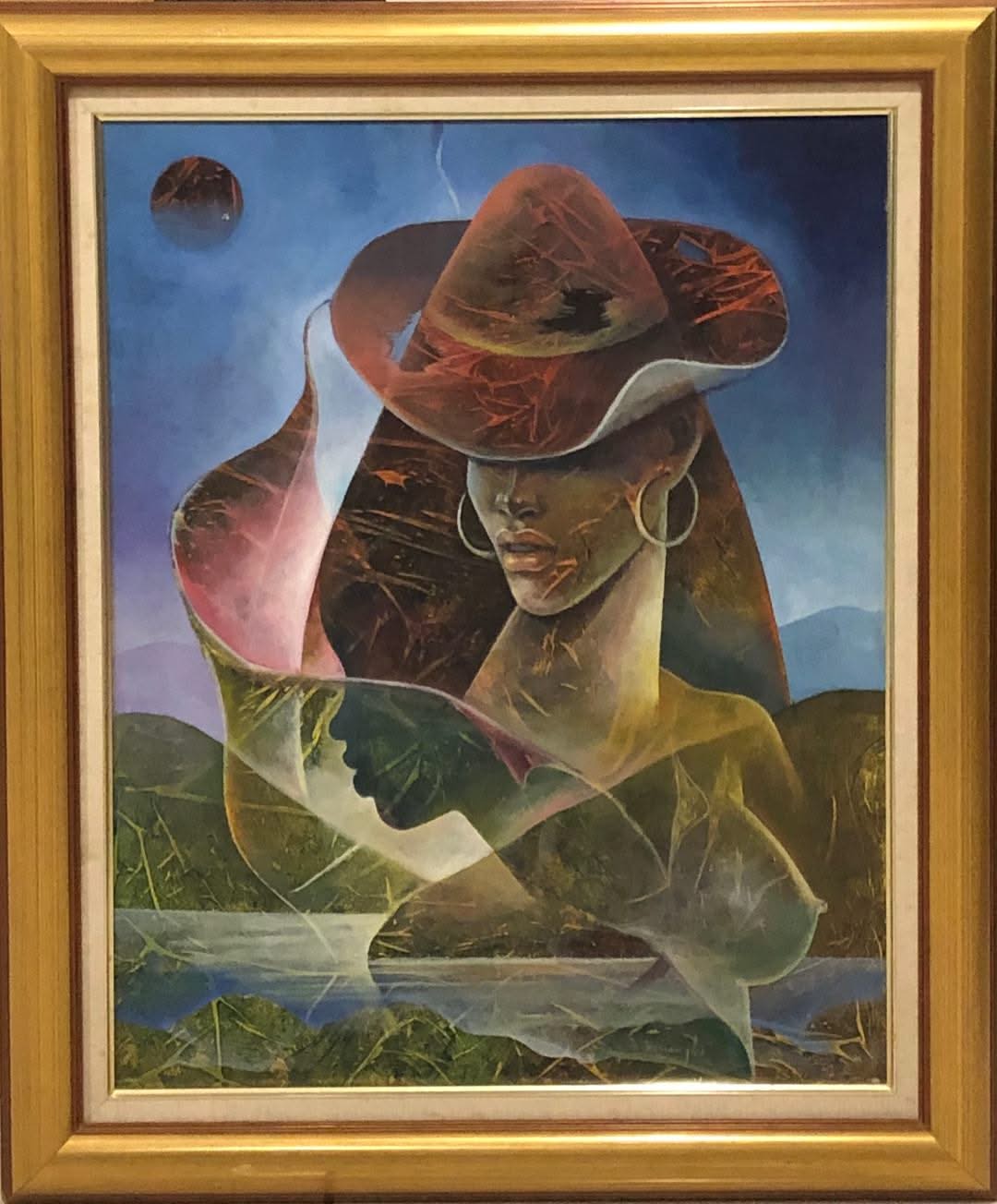 Albert Desmangles 24"x30 » Dame, Chapeau, Profil Acrylique sur Toile Encadrée #2FC