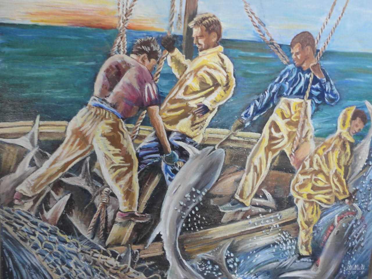 Micheline Dusseck 28.75" x 24" Fishermen Oil On Canvas #5CMD