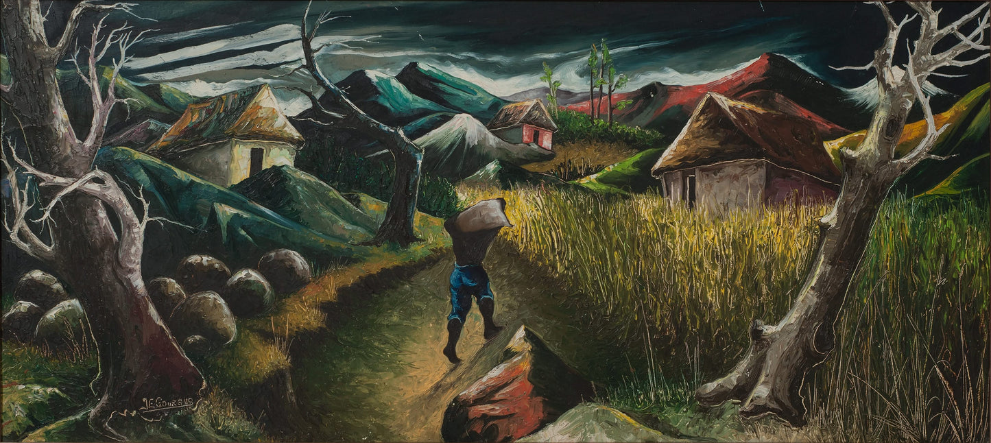 Jacques Enguerrand Gourgue 18"x40" The Carrier c1960 Oil on Board #63-96GN-HA