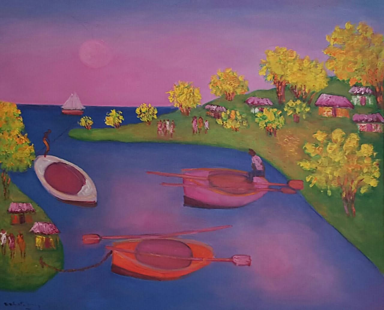 Calixte Henry (1933-2010) 24"x30" Marine with Boats Acrylic on Canvas 1JN-HA