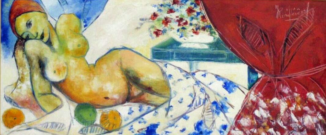 Jean-René Jérôme (1942-1991) 16"x36" Resting Woman c 1977 Acrylic on Canvas #1JN-HA