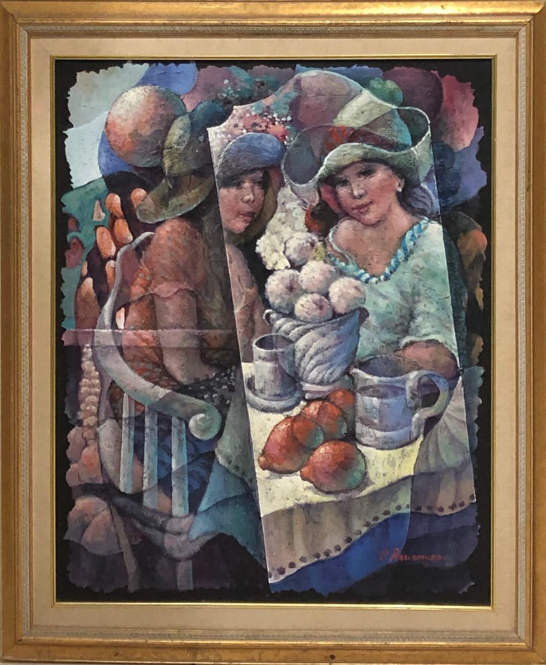 Lyonel Laurenceau 30"x24" Lunch Between Friends 1991 Acrylic on Canvas Framed #2FC