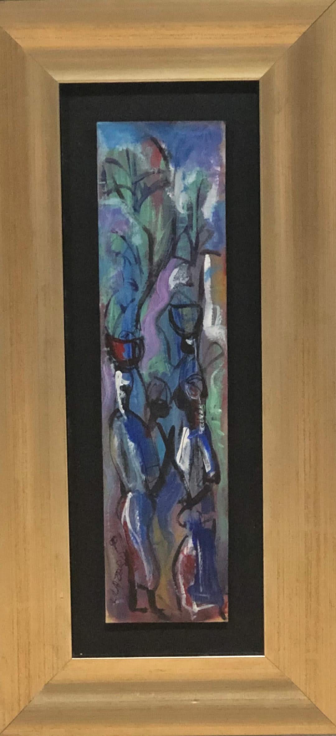 Luckner Lazard (1928-1998) 12"x3" Conversation Between Merchants 1988 Watercolor Framed Under Glass #4FC