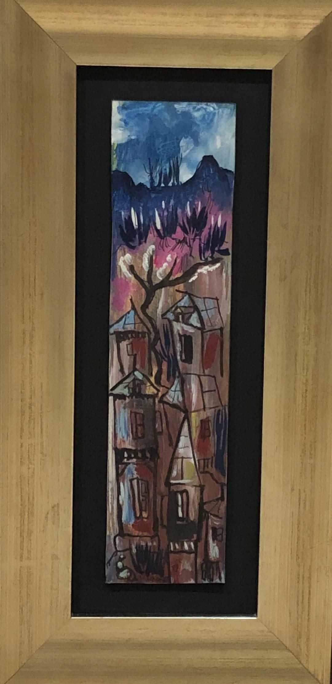 Luckner Lazard (1928-1998) 12"x3" Houses & Mountains 1989 Watercolor Framed Under Glass #3FC