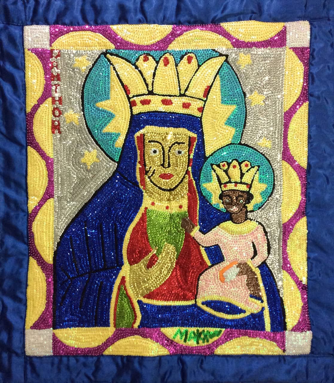 Maxxon Scylla 35"x31" Erzulie Dantor Haitian Sequined and Beaded Voodoo Flag on Satin, 2017 #3MFN