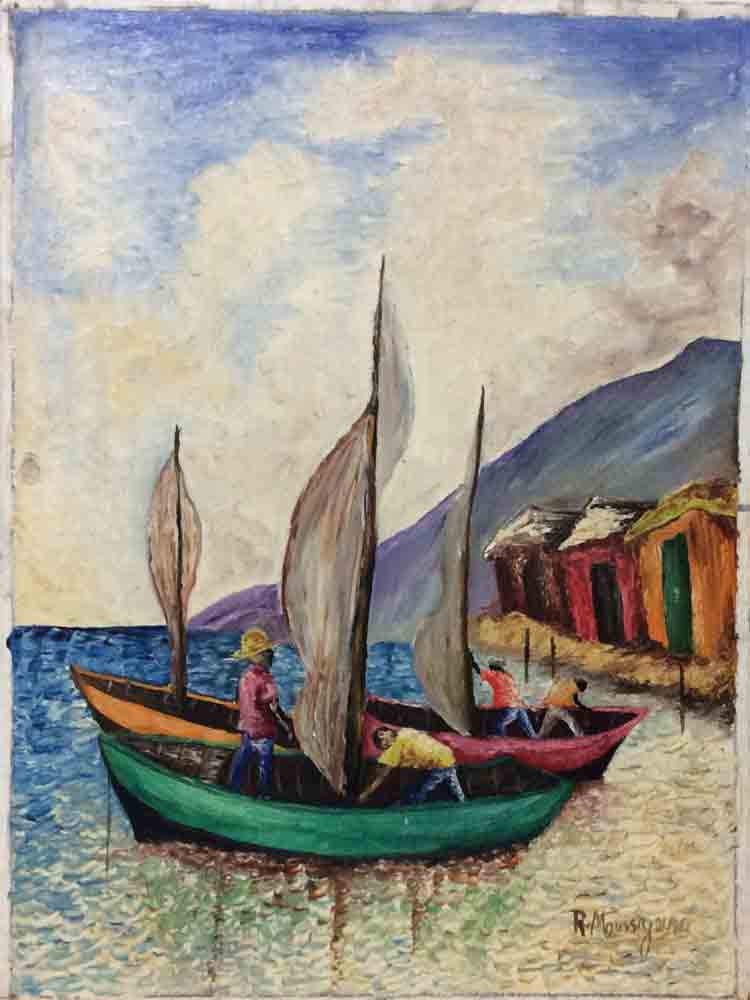 Roussel Moussignac 14"x11" Three Boats 1972 Oil on Board #1-2-95MFN