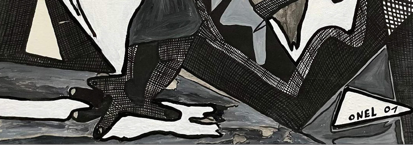 Onel-Lionel Paul 23 ⅜"x17 ¾" Black & White Spiritual Abstract 2001 Acrylic Painting on Bristol Paper Mounted #5MFN