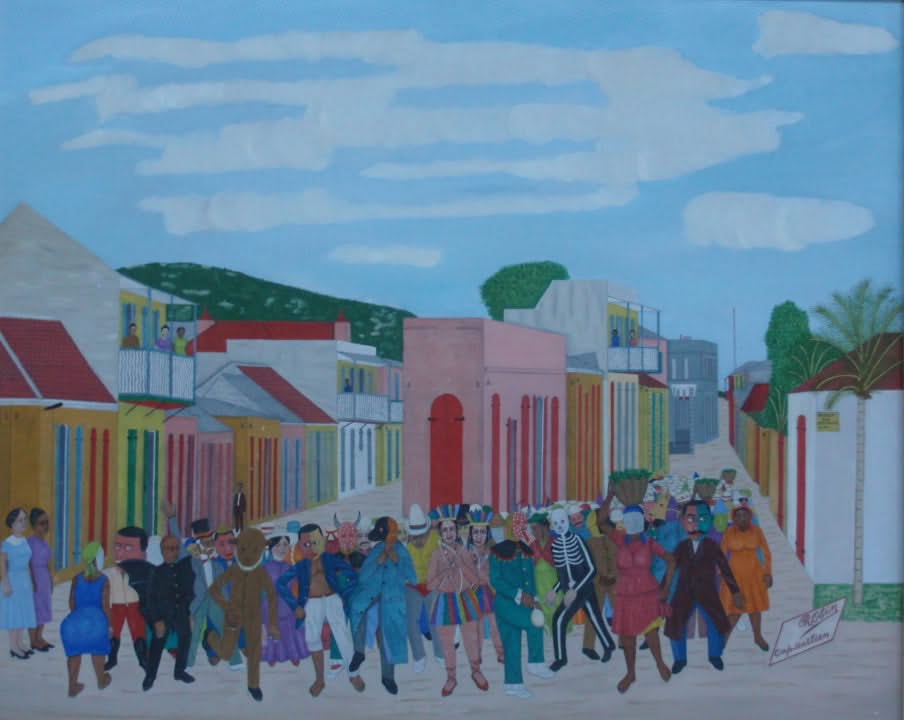 Philome Obin (1891-1986) 24"x30" Carnival 1946 Oil on Board Painting- Published in "Peintres Haitiens" #15-3-96GSN-HA