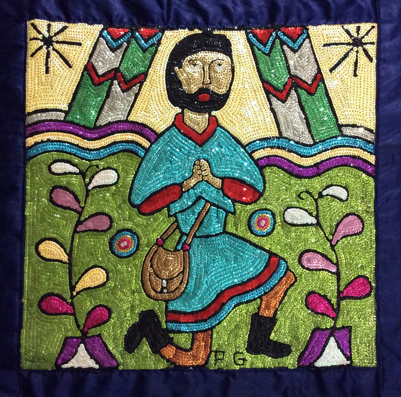 Pierre Guilbert (P.G) 32"x33" Zaka Haitian Sequined and Beaded Voodoo Flag on Satin, 2017 #1MFN