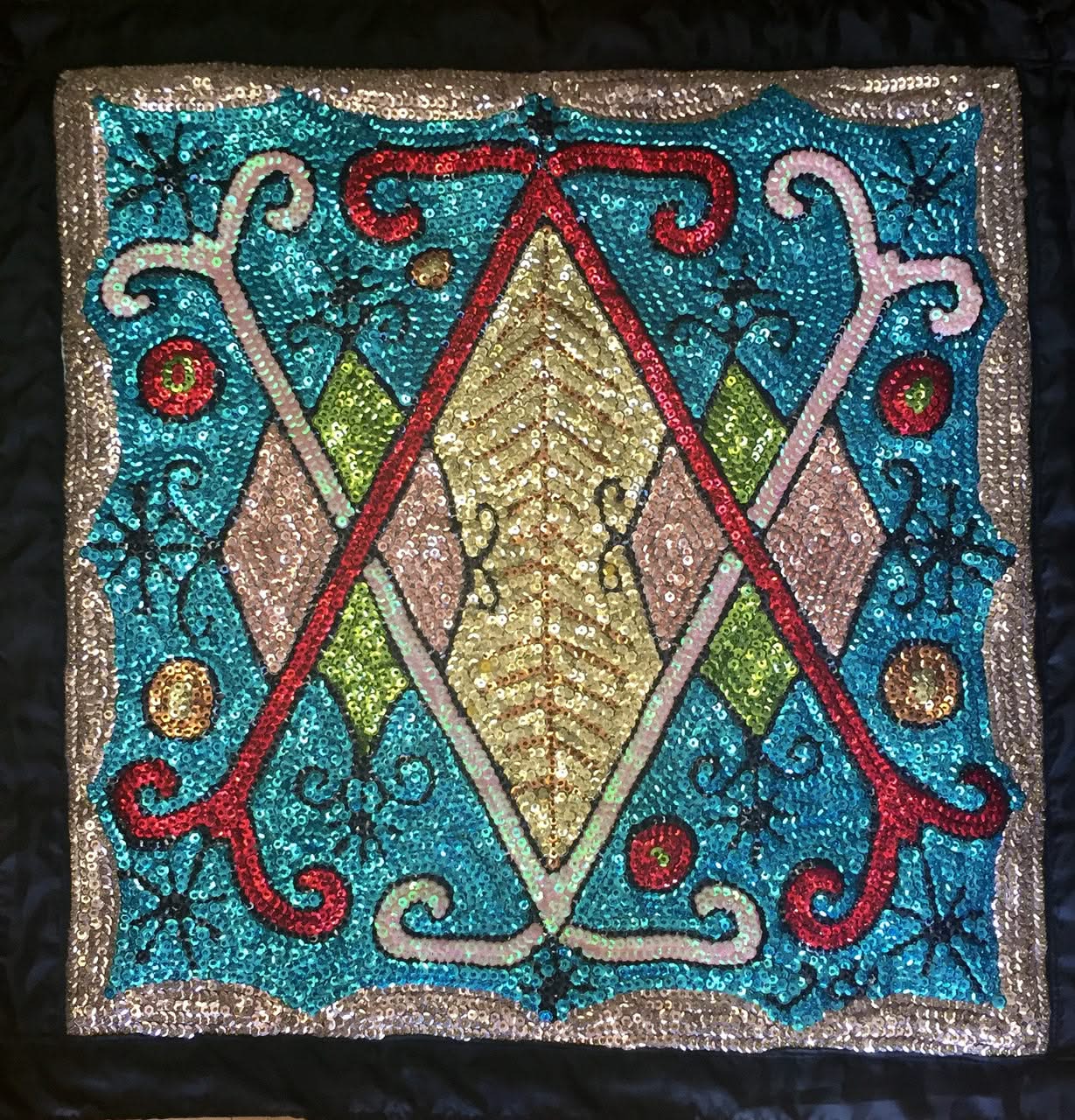 Raoul- Haitian Sequined and Beaded Voodoo Flag on Satin, 2016 "Aïzan's VèVè" #1MFN 27"x 27"