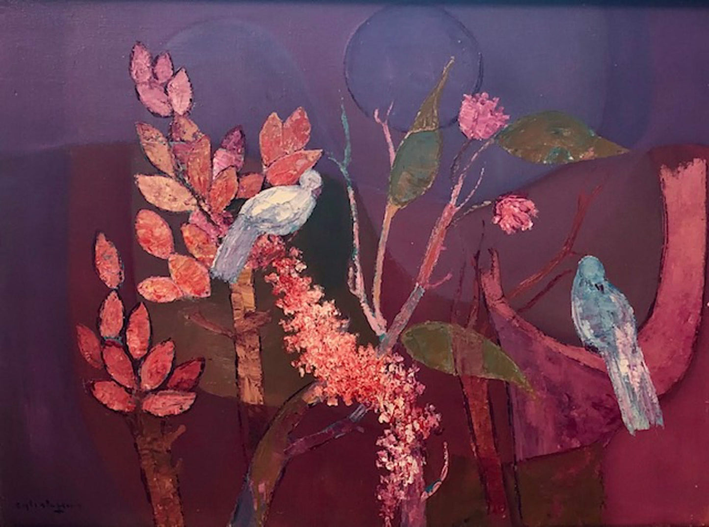 Calixte Henry (Haitian, 1933-2010) "Birds and Flowers" 24"h X 30"w Framed Oil on Canvas Painting #1GSN-NY