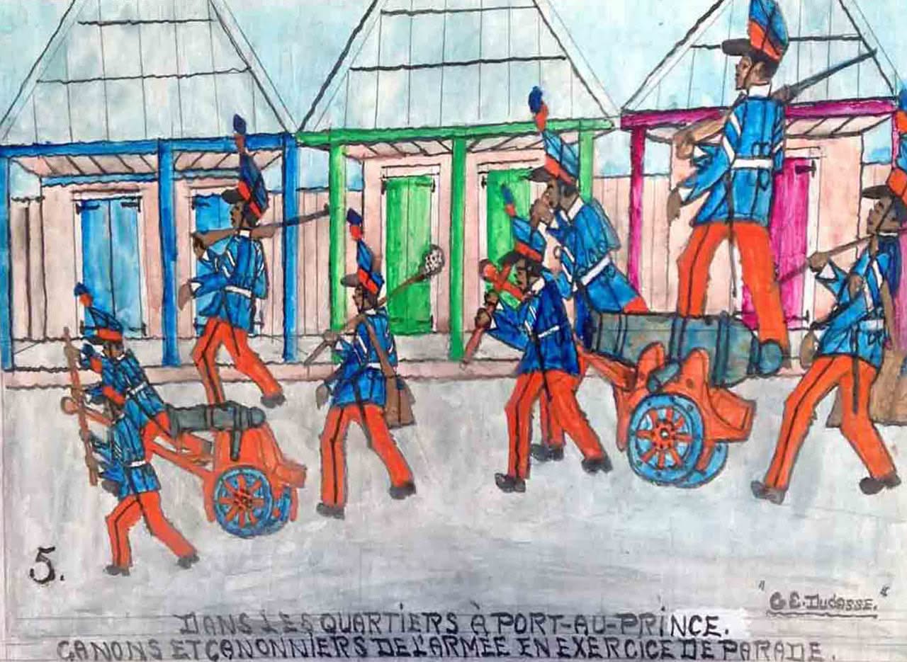 Gervais Emmanuel Ducasse (1903-1988) 16"x24"-1977 " Dans Les Quartiers a Port-au-Prince. Canons et Canonniers de L'Armee En Exercise De Parade" Oil On Board#18MFN