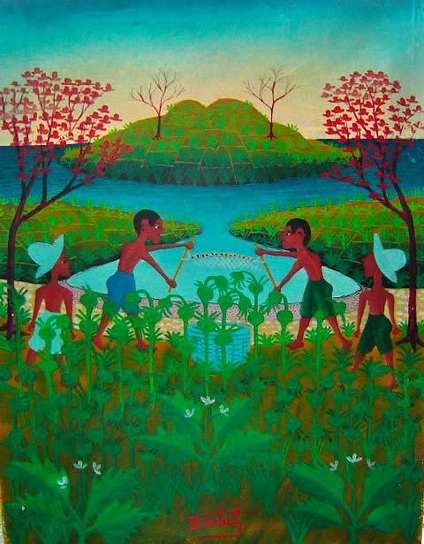 Dieudonne Vital 16"x12" Fishermen c1980 Oil on Canvas #2-2-95MFN