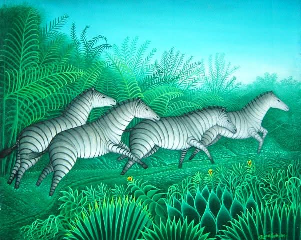 Eric Jn-Louis (Haitian, 1957-2022) 20"x24" Zebras 1994 Oil on Canvas Painting #1-2-95MFN