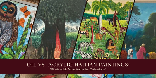 Collector viewing authentic Haitian paintings at gallery