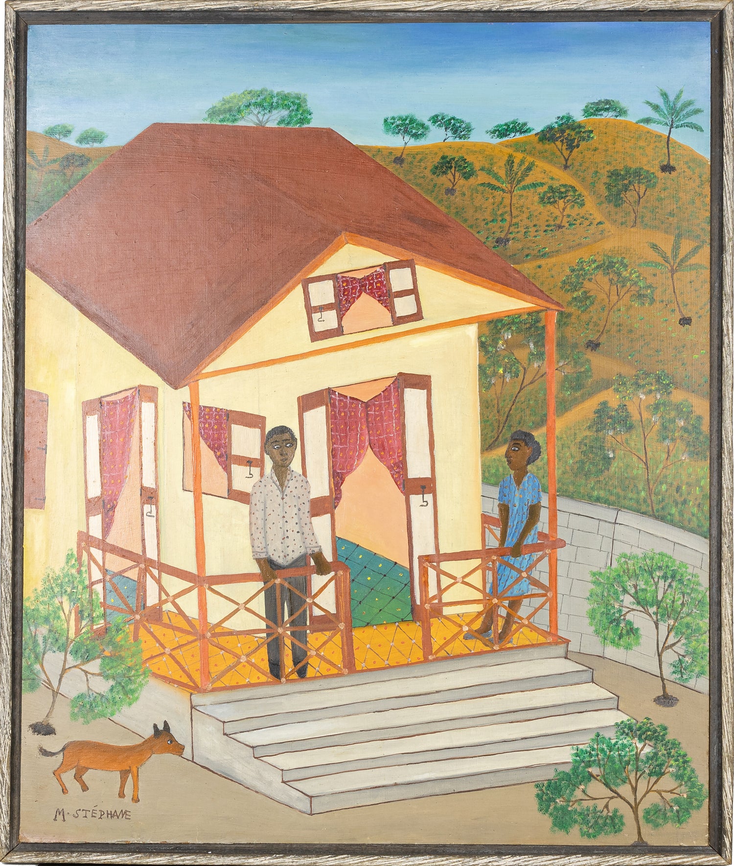 Micius Stéphane Haitian painting, daily life scene, detailed figures, naïve style, Centre d’Art, signed, COA included