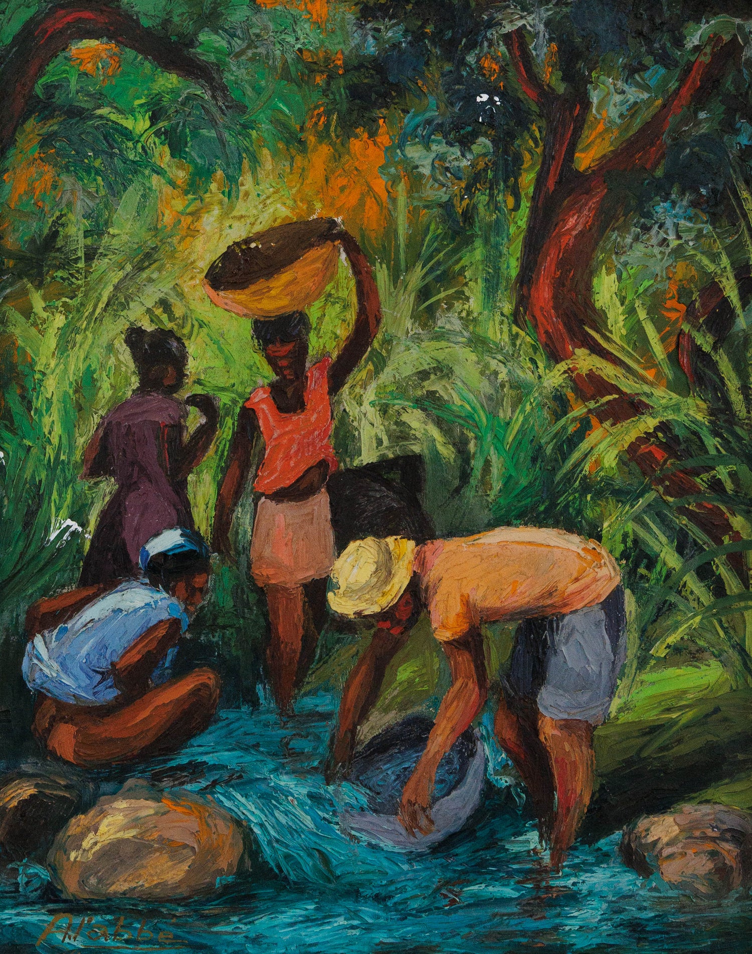 André L'Abbé Haitian painting of daily life scene with figures, oil on canvas, vibrant orange and blue tones
