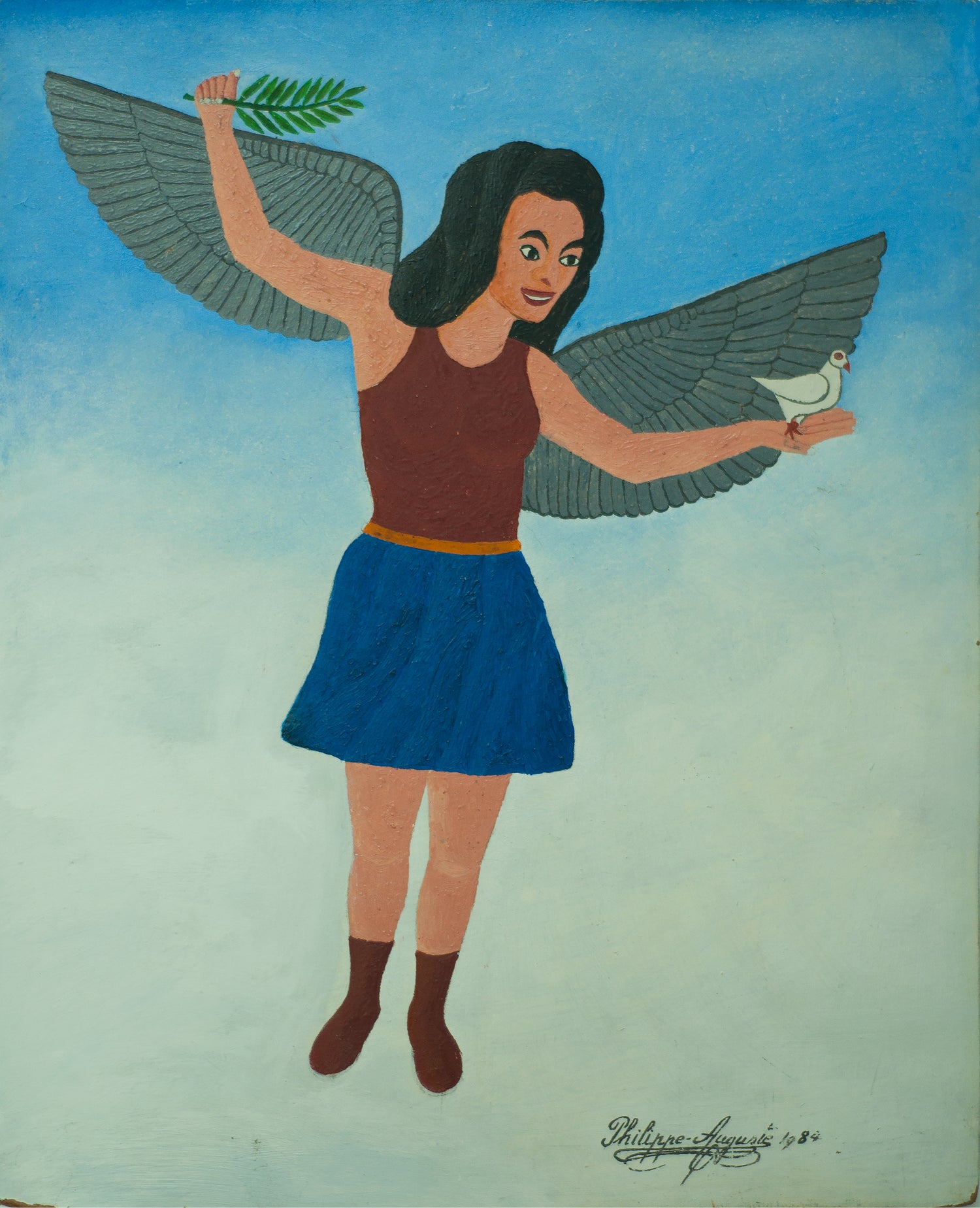 Haitian painting by Salnave Philippe Auguste (1908–1989) showing a vivid jungle paradise with tropical trees, animals, and winged women in flat, vibrant color.