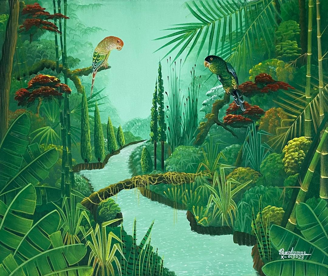 Haitian artist Albott Bonhomme, known for tropical bird paintings set in lush green forest landscapes.
