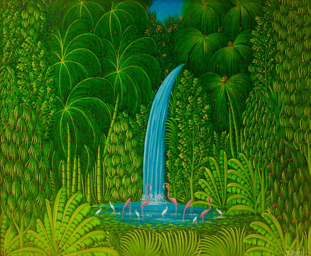 Henri-Robert Brésil countryside painting featuring flamingoes and layered green foliage, vibrant Haitian landscape art.
