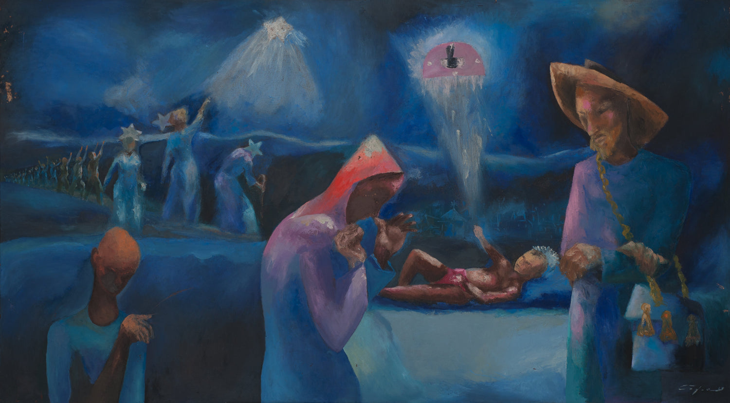 Haitian painting by Dieudonné Cédor (1925–2010) depicting expressive figures and daily life, created by a leading modern artist of the Centre d’Art tradition.