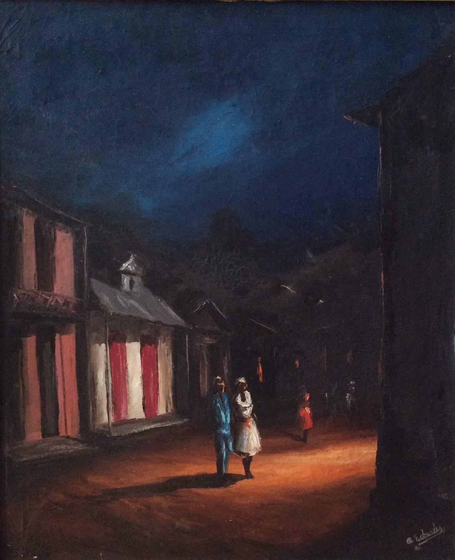 Painting by Haitian artist Etzer Charles (1945–2021) featuring narrative social scenes and interlocking geometric forms, blending realism with surrealist structure.