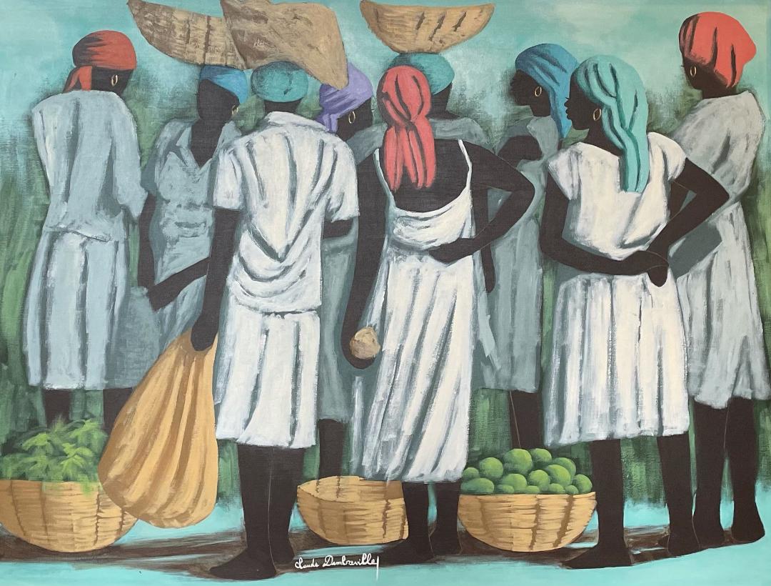 Claude Dambreville Haitian painting with dramatic light and shadow contrasts, modern Haitian artist (1934–2021).