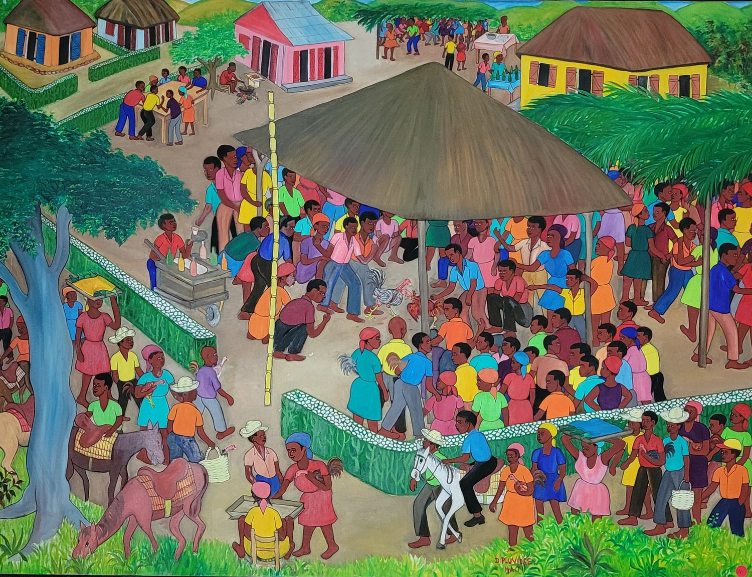 Dieudonné Pluviose Haitian painting, vibrant primitive style, colorful composition, oil on board, signed, COA included