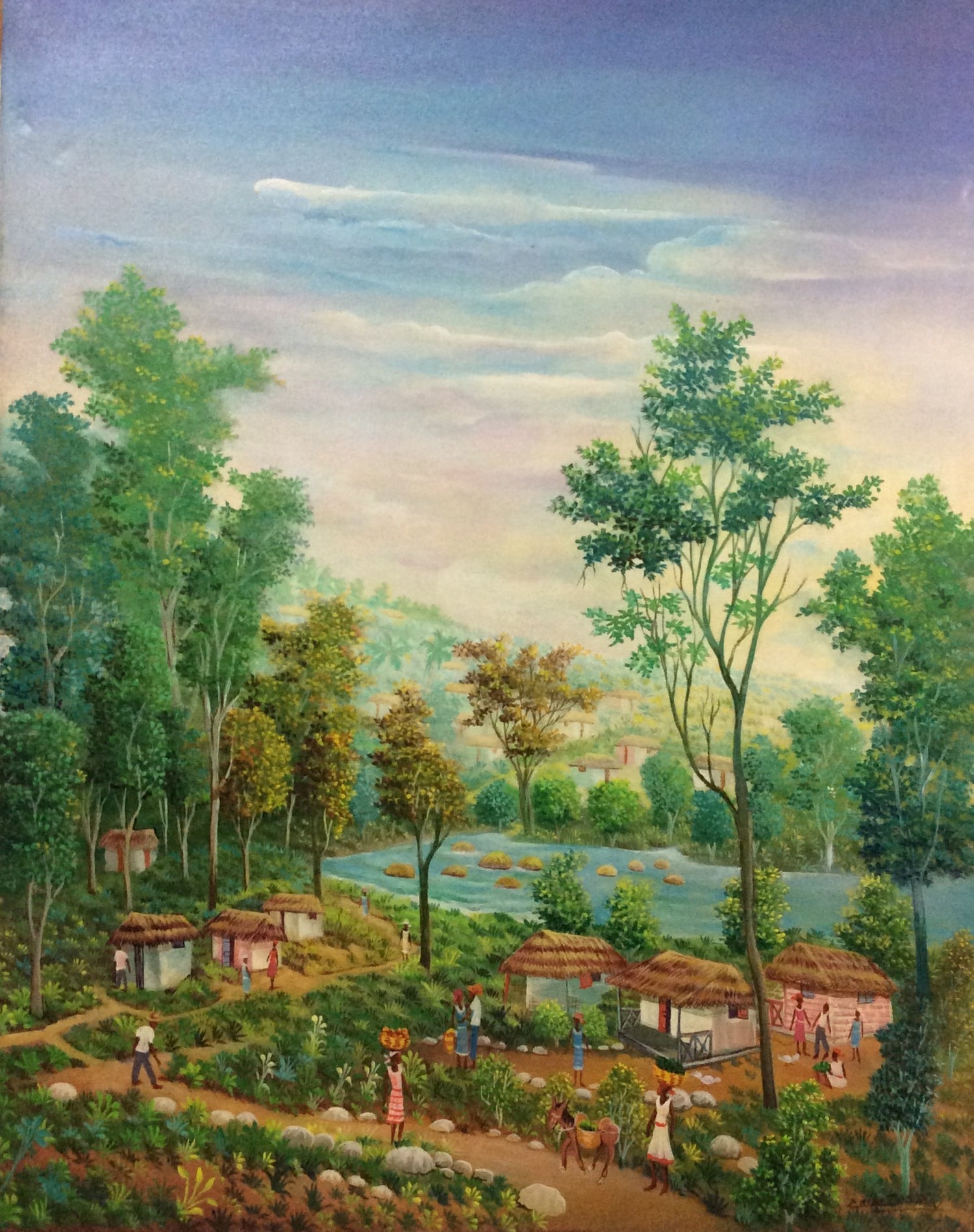 Haitian rural and landscape painting featuring village life and mountain scenery
