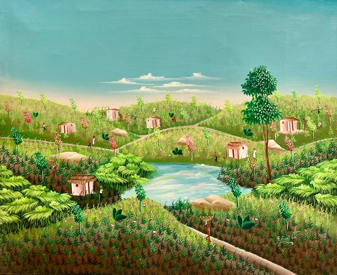 Fritz Emile Haitian primitive landscape painting, oil on canvas, circa 1980, detailed rural village scene with lush trees and vibrant countryside.