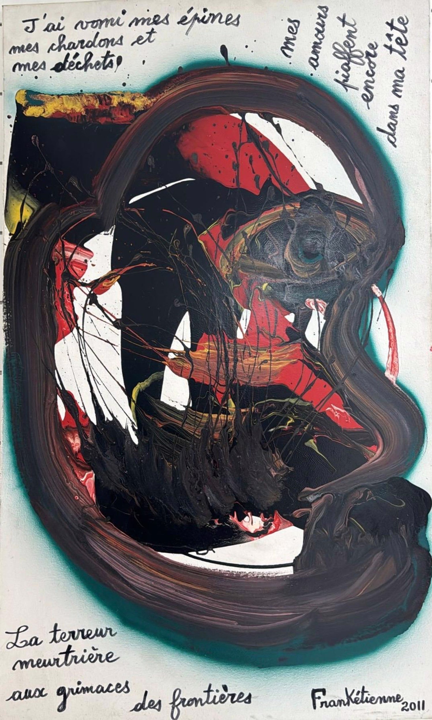 Abstract painting by Haitian artist Frankétienne (1936–2025), featuring expressive gestural movement and vibrant blue and red tones.