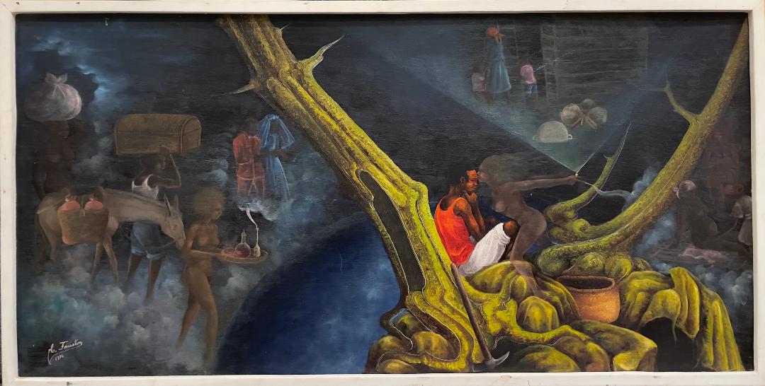 Célestin Faustin Haitian surrealist painting with spiritual Vodou symbolism and complex figurative composition (1948–1981).